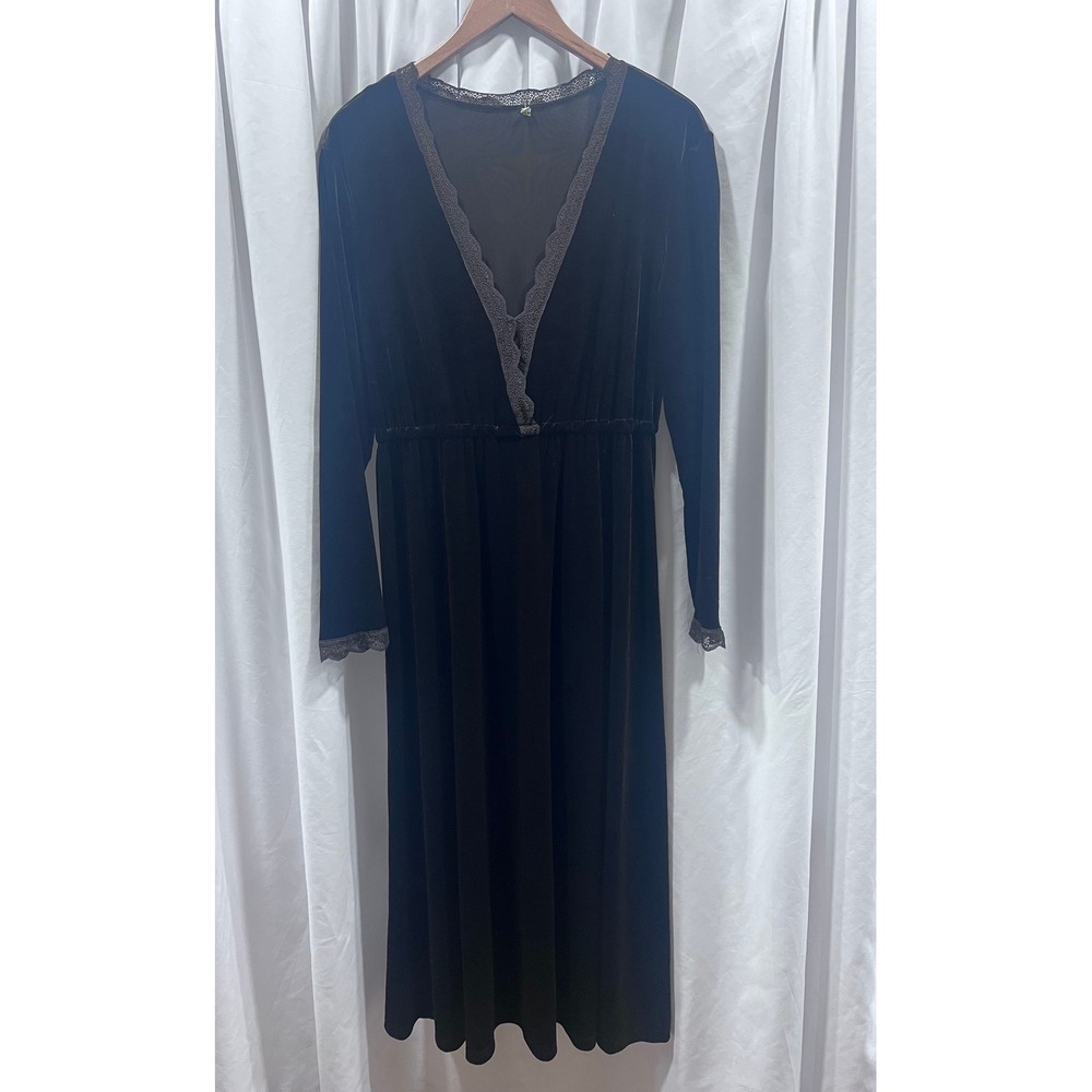 Vintage Brown Velvet Lace Trim V-Neck Empire Waist Midi Dress Long Sleeve Size S